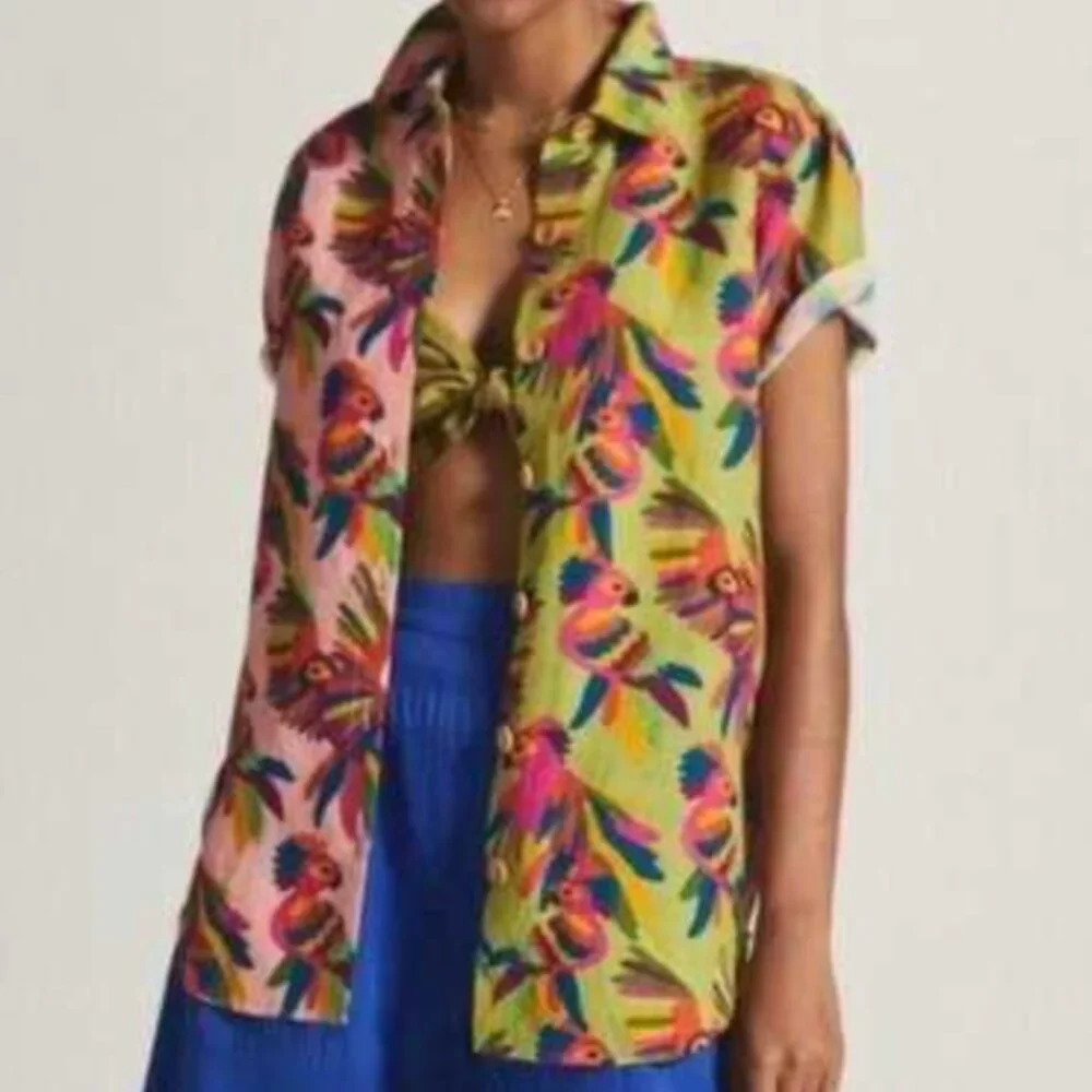 NWT Farm Rio Anthropologie Parrot Toucan Button Down Shirt, sz Med - Picture 2 of 6